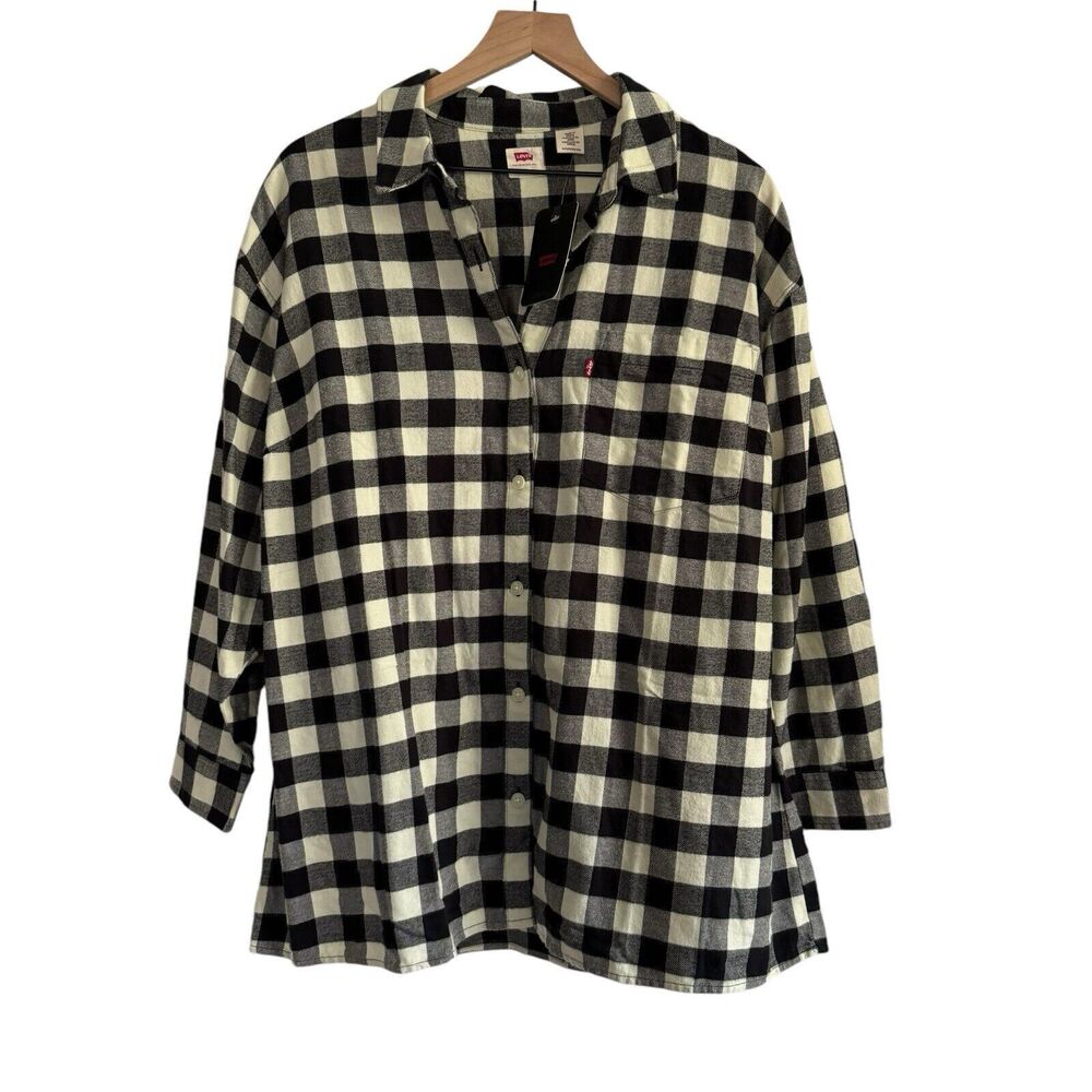 Levi's Flannel Shirt Women 1X Cotton Plaid Gingham Button Down Cowgirl Farm NEW